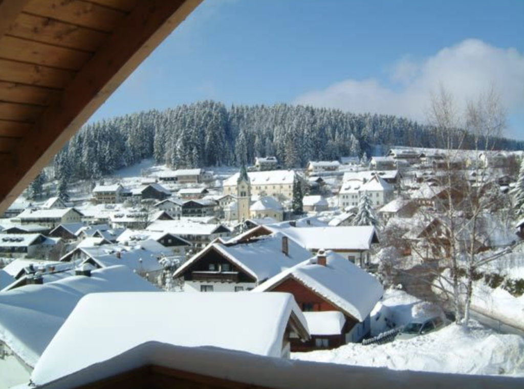 Blick auf Sankt Englmar im Winter mit Schnee